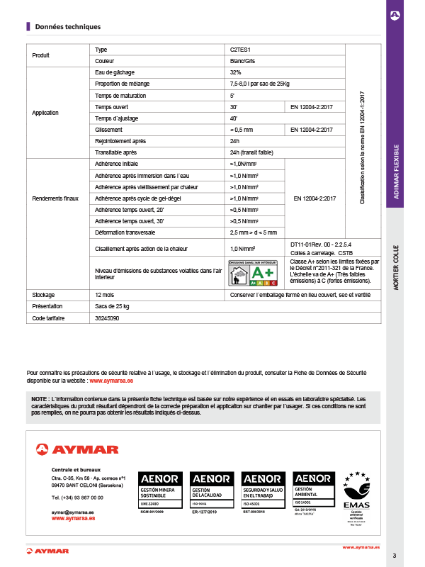 Fiche technique : Adimar Flexible C2TES1